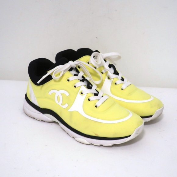 CHANEL CC LYCRA SNEAKERS NEON YELLOW SIZE 37 - Picture 4 of 12